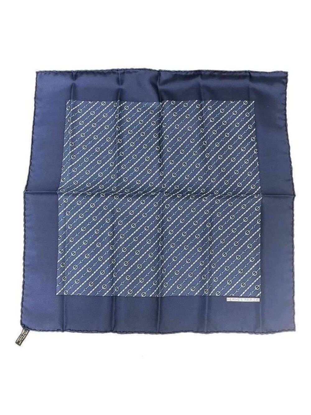 Hermes Pocket Square Scarf Pochette Twill Navy Chain Pattern Silk 100%
